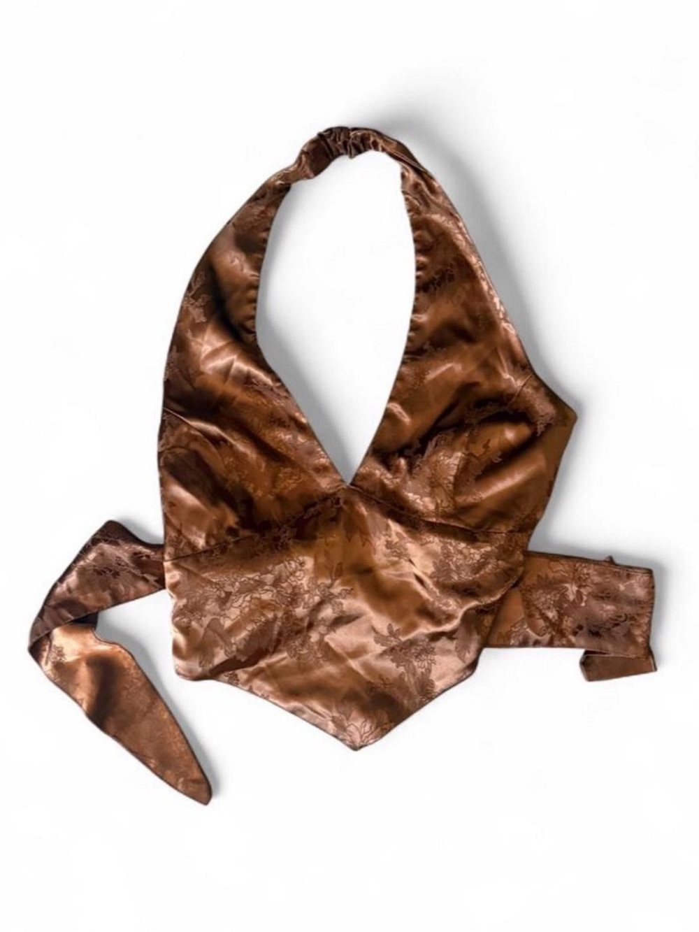 Brown Satin Halter Tie-Back Top - floral jacquard size large v neck crop fairy